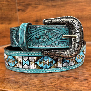 New Arrival Genuine Leather Alloy Buckle Hand Tooled Leather Beaded Belts Handcrafted Western Fashion New Belts for Men & Women - Product Image 4