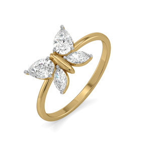 Anillo de compromiso de oro amarillo con mariposa y diamante talla pera, joyería fina romántica para mujer - Product Image 1