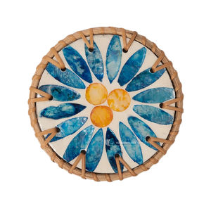 Rattan <b>Coaster</b>, Artisanal Woven Round <b>Drink</b> Mat with Blue Sunflower Mother of Pearl Inlay for Coffee Table, Dining & Bar Decor - Product Image 1