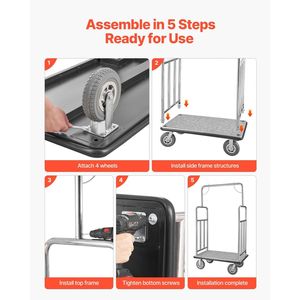 Hotel Luggage Cart 1200 LBS Load Capacity <b>Brushed</b> Stainless Steel Finish Bellman's Cart Valet Cart with Grey Carpeted <b>Deck</b> - Product Image 6