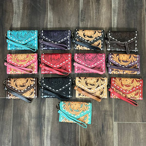 Portable RFID Blocking New Mini Floral Western Style Genuine Cowhide Leather Cowgirl Wallet <b>Wristlet</b> Clutch for Travel Organizer - Product Image 4
