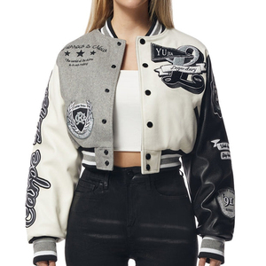 Chaqueta universitaria corta de invierno de lujo para mujer, con bordado de chenilla, estilo Letterman, de lana, elegante, transpirable y tejida. - Product Image 1