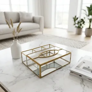 Geometric Glass Tissue Box <b>with</b> Brass Frame <b>Mirror</b> Base <b>Storage</b> Organizer for <b>Bathroom</b> Vanity - Product Image 3