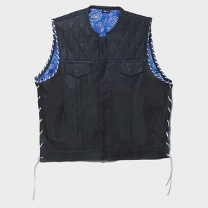 เสื้อกั๊กมอเตอร์ไซค์สไตล์ Thunder Biker แบบเย็บลายเพชร ผ้าเดนิมสีน้ำเงินและหนัง - Product Image 1
