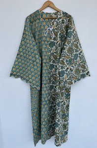 Women Modern Daily Teal Ivory Hand Block Print Cotton Maxi <b>Kaftan</b> Dress Sleeveless Wholesale - Product Image 1