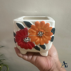 Pot de fleurs en céramique moderne à motif floral carré, fait main, brillant, écologique, durable, avec trou de drainage, pour l'intérieur, la maison et le jardin - Product Image 5