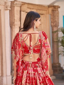 <b>Red</b> Floral Embroidered Sleeveless Knee Length <b>Lehenga</b> Choli Set Polyester/Cotton Traditional Women Outfit Dupatta Wedding - Product Image 5