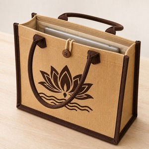 Bolso Tote Mediano de Yute HINDVANTA GLOBAL con Estampado de Loto, Cierre de Cremallera, Asas para Llevar al Hombro, Lavable, 100% Ecológico y Reutilizable - Product Image 4
