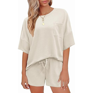 Women Trendy Waffle <b>Knit</b> Two Piece <b>Set</b> Oversized Tee and Shorts Casual Daily Wear Outfit - Product Image 1