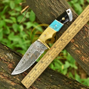 Cuchillo de caza de hoja fija con mango de hueso e incrustaciones de turquesa, funda de cuero, hoja de acero inoxidable de punta caída y filo recto - Product Image 2