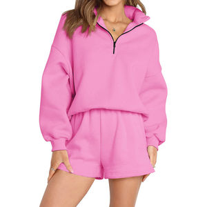 Ensemble de survêtement 2 pièces surdimensionné pour femme avec logo personnalisé, sweat-shirt à demi-zip et short, tenue de sport Maanify 2026 - Product Image 1