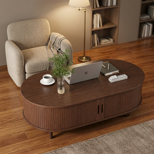 Table basse ovale moderne en bois, design mid-century, meuble de salon avec tiroir de rangement, finition brun foncé - Product Image 5