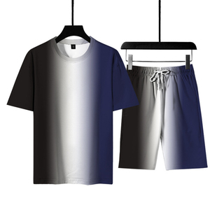 Conjunto de Camiseta de Manga Corta con Cuello Redondo y Pantalones Cortos para Hombre, Color Degradado, Casual, Transpirable, 100% Poliéster, para Verano - Product Image 3