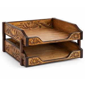 Plateau à lettres en bois de manguier artisanal en forme de lotus |   Organisateur de bureau empilable en gros - Product Image 1