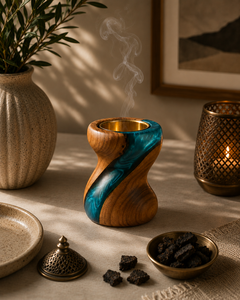 Quemador de incienso de madera con resina epoxi, quemador de incienso moderno con diseño retorcido, copa de latón, regalo para Ramadán y Eid, decoración para el hogar, fragancia para el hogar, venta al por mayor - Product Image 1