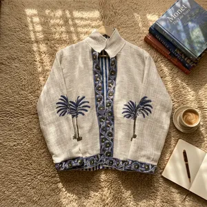 Veste en lin pour femme à imprimé palmiers et fleurs, col rabattu, style décontracté pour les vacances - Product Image 5