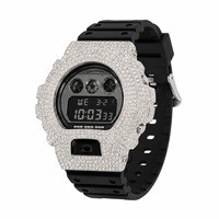 Montre numérique à strass, boîtier en acier inoxydable, bracelet en caoutchouc noir, cadran carré, montre de mode unisexe
