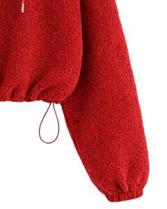 Sweat à capuche court en polaire texturée rouge personnalisé, avec fermeture éclair quart de tour, ourlet à cordon de serrage réglable, style streetwear décontracté, pull chaud pour homme, logo personnalisé - Product Image 6