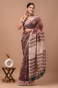 Sari en soie Chanderi pure imprimé à la main avec pièce de blouse – Sari élégant en soie Chanderi pure – Vêtement ethnique imprimé à la main - Product Image 2