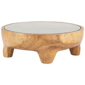 <b>Solid</b> Suar <b>Wood</b> Terra Circle Coffee Table Organic Contemporary Design Premium Quality Tempered Glass Top Living Room Furniture - Product Image 1