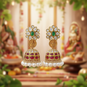 One Gram Gold Lakshmi Style Jhumka Earrings with Natural Freshwater Pearls for Wedding & Gift - Product Image 3
