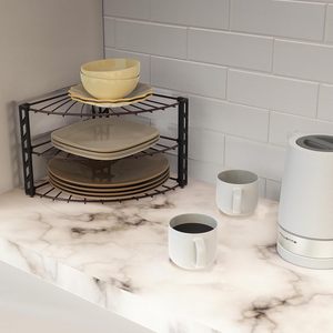 3-Tier Kitchen Cabinet Corner Plate <b>Rack</b> | Dark Bronze Metal Wire <b>Dish</b> & Bowl Storage Organizer Stand - Product Image 3