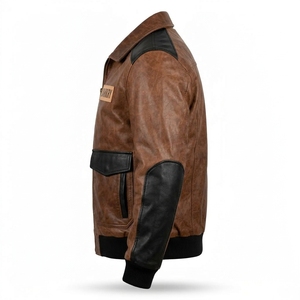 Veste en cuir véritable marron vieilli pour homme, avec empiècements contrastants noirs, poches à rabat, col rabattable, fermeture éclair, style motard vintage - Product Image 4