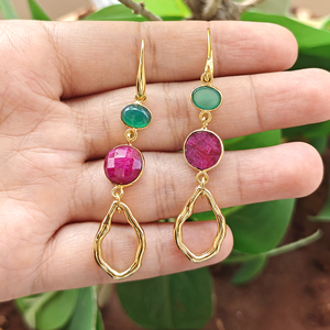 Women's <b>Earrings</b> Green Onyx and Dyed Ruby Geometric Drop <b>Earring</b> Brass 18k Gold Plated Bohemia Style Wholesale Fashion Jewelry - Product Image 5