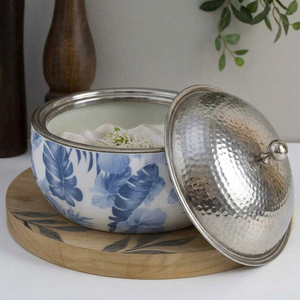 Blue Floral Design Ceramic Casserole With Hammered Metal Lid. Elegant Insulated <b>Serving</b> <b>Dish</b> For Premium Dining & Home Decor - Product Image 3