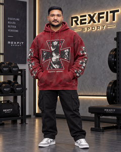 Sudadera con capucha roja lavada para hombre, diseño geométrico en la manga, estilo oversize, streetwear, forro polar grueso, personalizada - Product Image 1