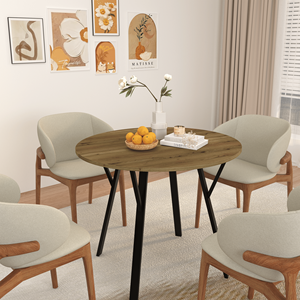 Modern 35.43 Inch Round Dining <b>Table</b> <b>Small</b> <b>Kitchen</b> <b>Table</b> with Metal Black Legs for 2-4 People Brown Finish for the Dining Room - Product Image 5