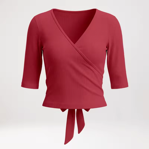 Camiseta de mujer con cuello en V acanalado, manga corta, ajuste ceñido, estilo cruzado, para yoga y baile - Product Image 4