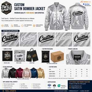 Custom <b>Men's</b> Silver Satin Bomber <b>Jacket</b> Stand Collar Embroidered Front Logo <b>Pullover</b> Closure Casual Winter Streetwear - Product Image 2