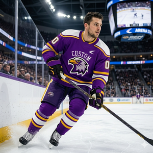 Maillot de hockey sur glace personnalisé violet, blanc et or, sublimé, manches longues, anti-humidité, uniforme adulte pour homme, logo aigle sur le devant - Product Image 4