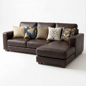 Sofá Seccional Moderno en Forma de L de Cuero Cognac con Chaise Longue Independiente, Diseño de Muebles para Sala de Estar de Mediados de Siglo - Product Image 1