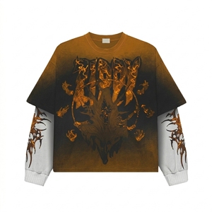 T-shirt Homme Col Rond Manches Longues Double Couche Imprimé Effet Délavé Oversize Logo Personnalisé Style Vintage 100% Coton Épaules Tombantes - Product Image 1