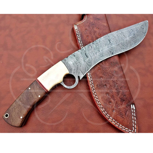 Cuchillo Bowie de Acero de Damasco Forjado a Mano, Diseño Compacto de Alta Calidad, con Orificio para el Dedo y Funda de Madera de Palisandro, para Campismo y Senderismo al Aire Libre - Product Image 4