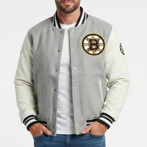 Chaqueta Varsity para Hombre con Logotipo Personalizado, Gris Crema, Logotipo Bordado, Cuello Camisero, Estilo Casual para Otoño, Corte Regular - Product Image 1