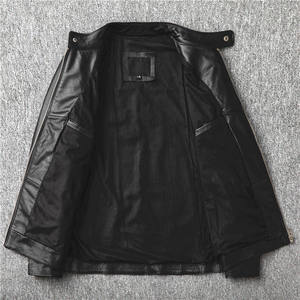 Veste de moto pour homme en cuir véritable noir, imperméable, respirante, col montant, fermeture éclair, coupe ajustée, longueur normale, couleur unie - Product Image 2