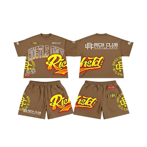 <b>Men's</b> Streetwear T-Shirt and Shorts Set Crew Neck Brown Cotton Printed Hustle <b>Only</b> Design Summer Casual Wear - Product Image 3