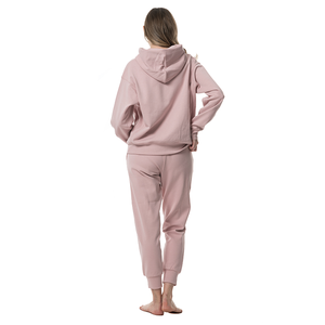 Ensemble de survêtement rose à capuche 2 pièces pour femme, coupe ample, manches longues, en molleton, couleur unie, longueur cheville - Product Image 3