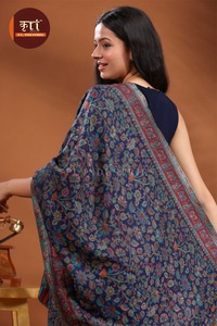 Indigo Floral Paisley Border Pure Wool Solid Color Winter Daily Wear Warming Breathable Shawl <b>Pashmina</b> <b>Scarf</b> for Women - Product Image 4