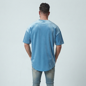 เสื้อยืดลำลองคอกลมแขนสั้นผ้าถักกำมะหยี่สำหรับผู้ชายทรงโอเวอร์ไซส์ระบายอากาศได้ดีสีพื้น - Product Image 2