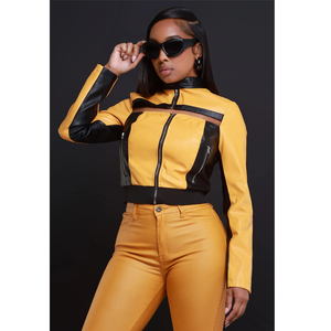 Manteau court en cuir PU pour femme, style motard, nouvelle mode, élégant, printemps-automne, avec empiècements - Product Image 4