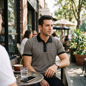 Camisa Polo a Cuadros Negra y Beige Personalizada para Hombre, Ropa de Golf Jacquard, Uniforme Casual de Alto Rendimiento, Fábrica de Ropa al por Mayor con Etiqueta Privada - Product Image 5