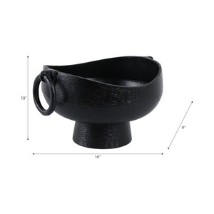 Bol minimaliste en métal noir avec anse en anneau, plat de service décoratif fait main, 16x13x9 pouces - Product Image 1