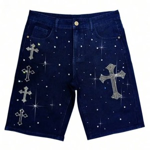 Pantalones Cortos de Mezclilla Casuales para Hombre, Estilo Vintage, con Cierre, Dobladillo sin Rematar, Tela de Algodón, para Gimnasio y Running, con Pedrería - Product Image 1
