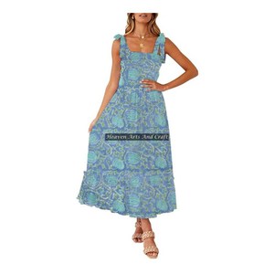Robe chic en coton pour femme, style décontracté, imprimé floral, bretelles spaghetti, pour l'été et l'automne, magnifique motif imprimé à la main - Product Image 6