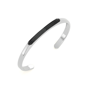Classic Rhodium Plated <b>Cuff</b> <b>Bracelet</b> With Black Diamond Channel Setting Unisex Jewelry Stainless Steel Bangles Gift - Product Image 3