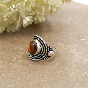 Brass Natural Tiger Eye 925 Sterling <b>Silver</b> Unisex Handmade Bezel <b>Set</b> Boho Statement <b>Ring</b> Vintage Tribal Band - Product Image 3